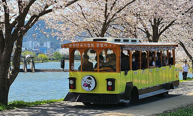 순천만국가정원 관람차라고 써진 버스에 관광객들이 타고 있는 사진