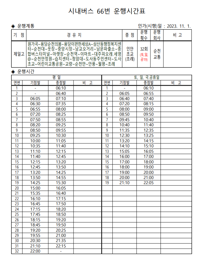 시내버스 66번 운행시간표