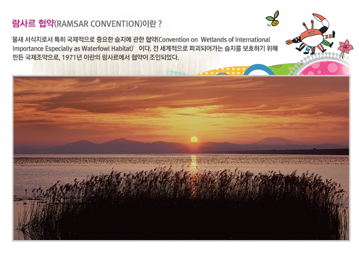 람사르 협약Ramsar Convention이란
물새 서식지로서 특히 국제적으로 중요한 습지에 관한 협약Convention on  Wetlands of International Importance Especially as Waterfowl Habitat이다. 전 세계적으로 파괴되어가는 습지를 보호하기 위해 만든 국제조약으로, 1971년 이란의 람사르에서 협약이 조인되었다. 