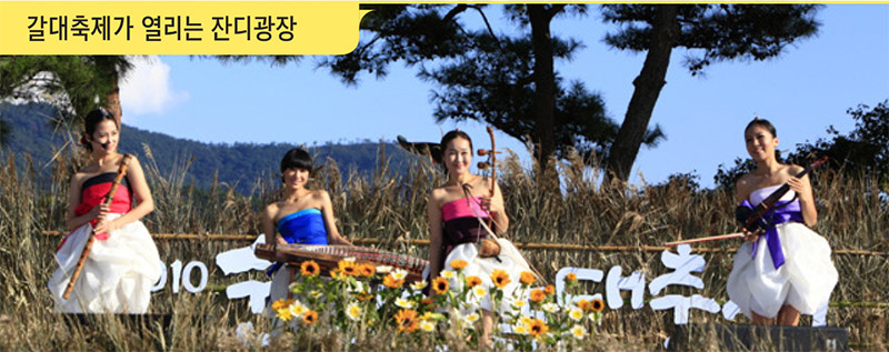 갈대축제가 열리는 잔디광장으로 네명의 여성이 악기를 연주하고 있다.